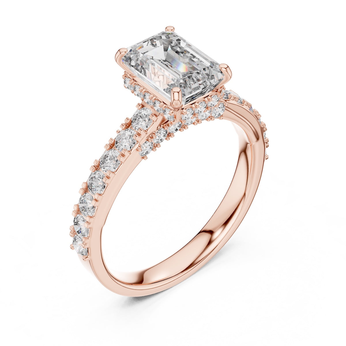 Rose-gold plated Silver ring with a central emerald-cut diamond and smaller diamonds on a white background 
