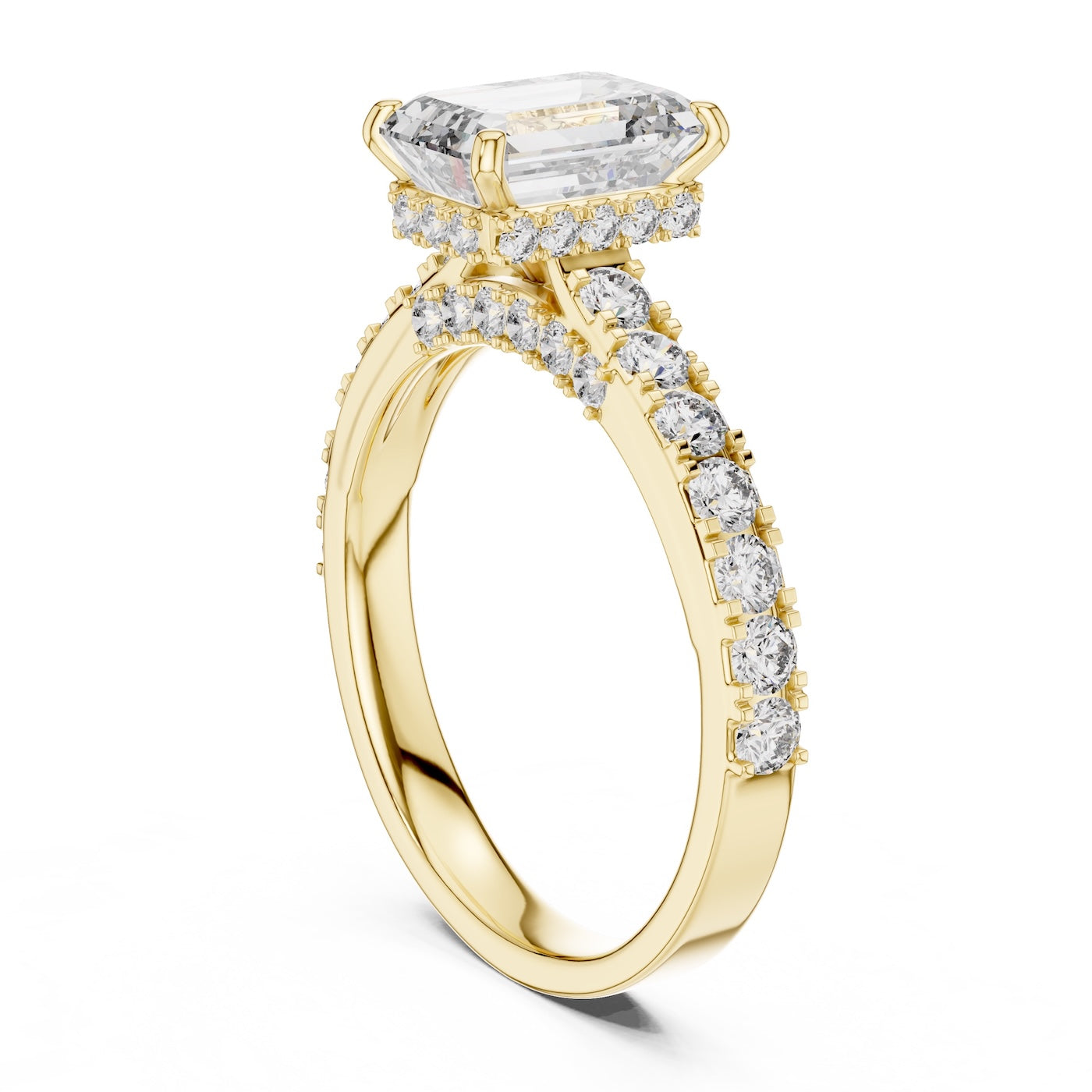 gold plated Silver ring with a central emerald-cut diamond and smaller diamonds on a white background 