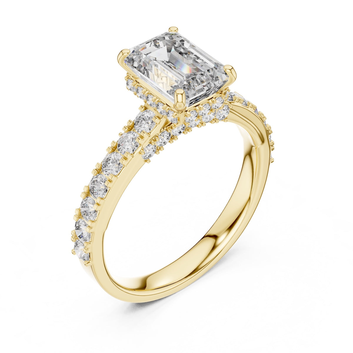 gold plated Silver ring with a central emerald-cut diamond and smaller diamonds on a white background 