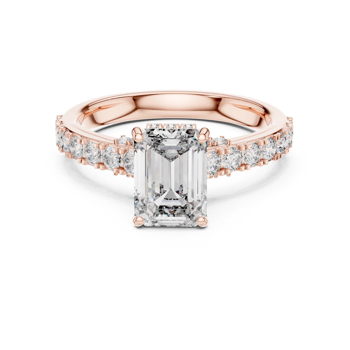 Rose-gold plated Silver ring with a central emerald-cut diamond and smaller diamonds on a white background 