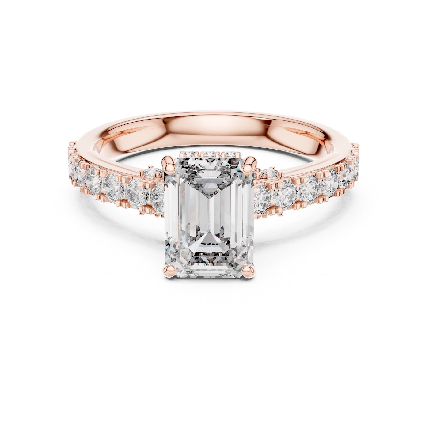 Rose-gold plated Silver ring with a central emerald-cut diamond and smaller diamonds on a white background 