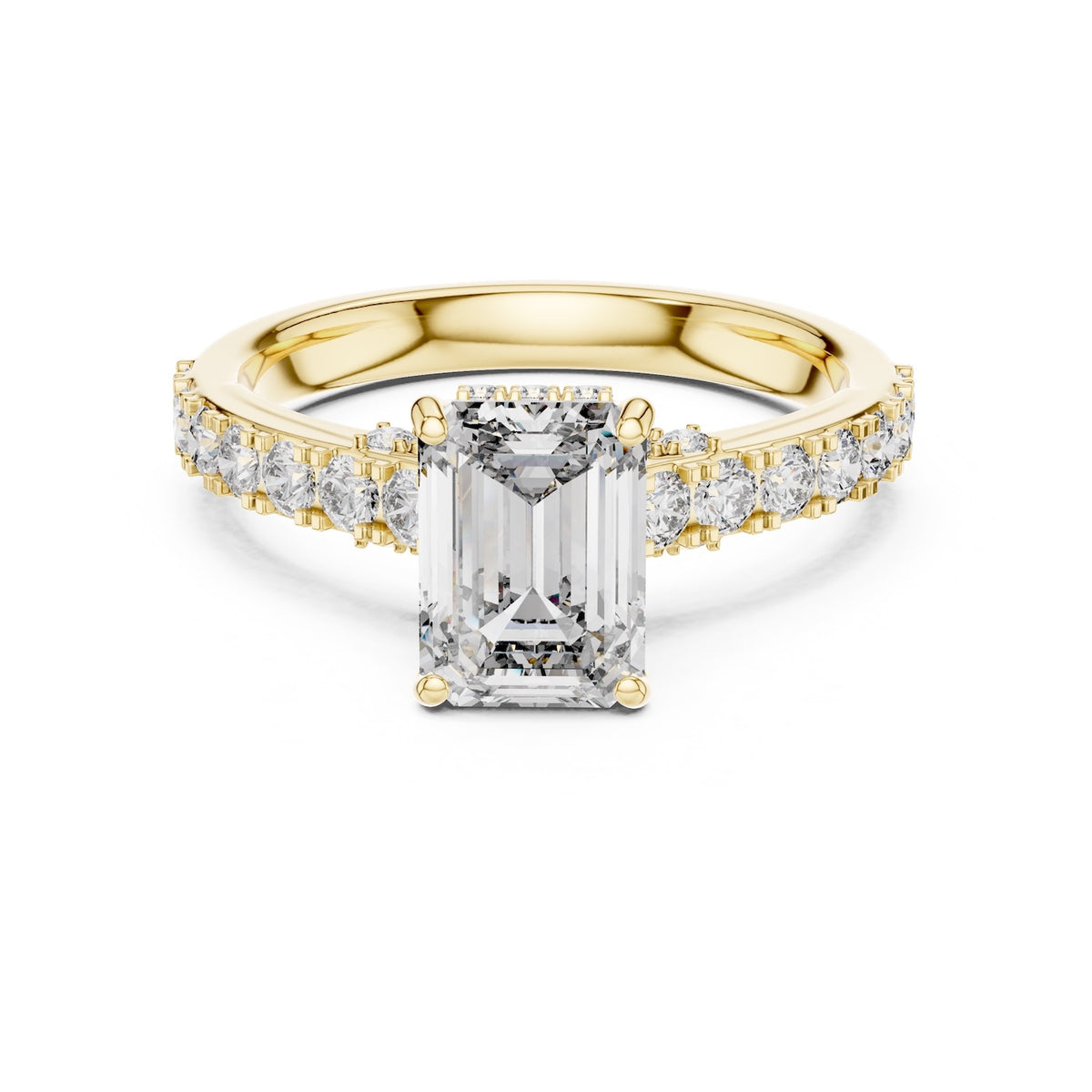 gold plated Silver ring with a central emerald-cut diamond and smaller diamonds on a white background 
