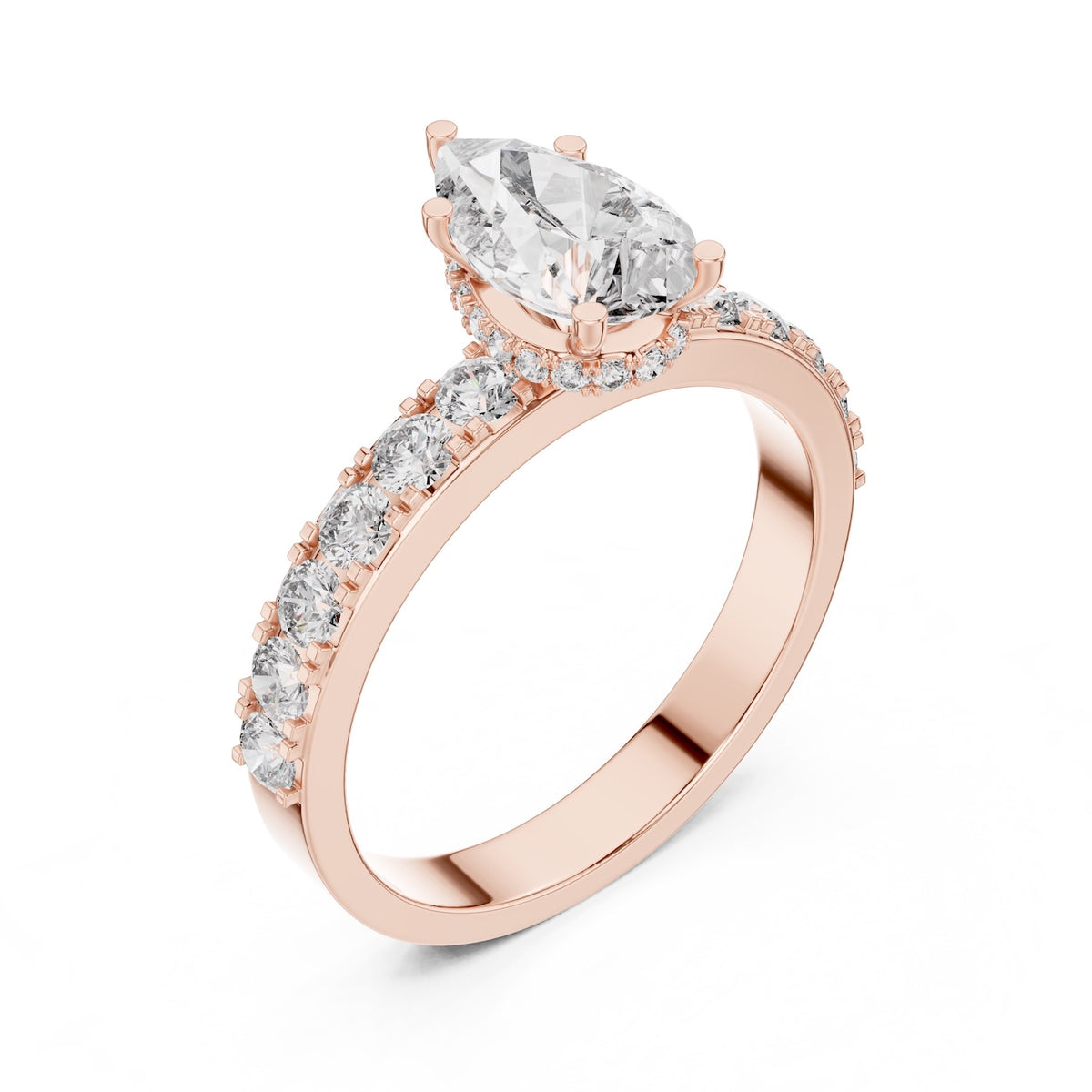 Rose-gold plated silver ring with a pear-shaped center stone on a white background 