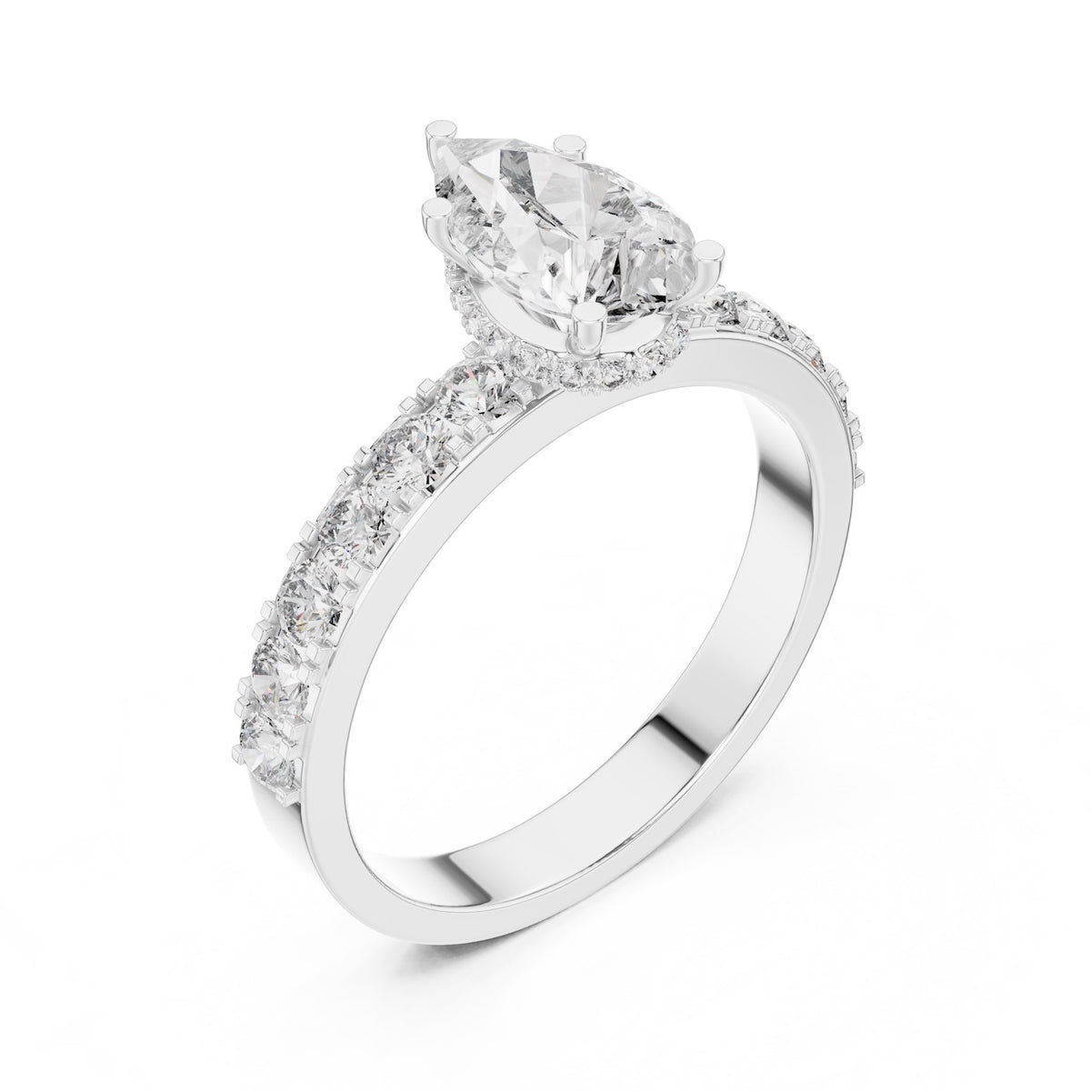 Silver ring with a pear-shaped center stone on a white background 