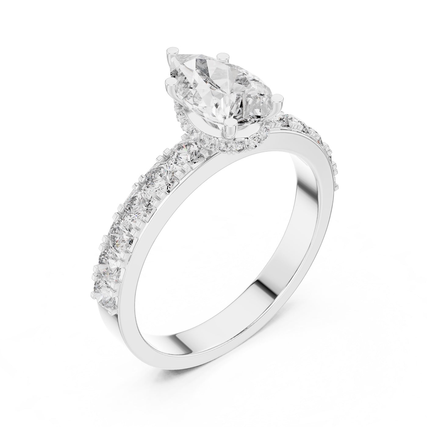 Silver ring with a pear-shaped center stone on a white background 