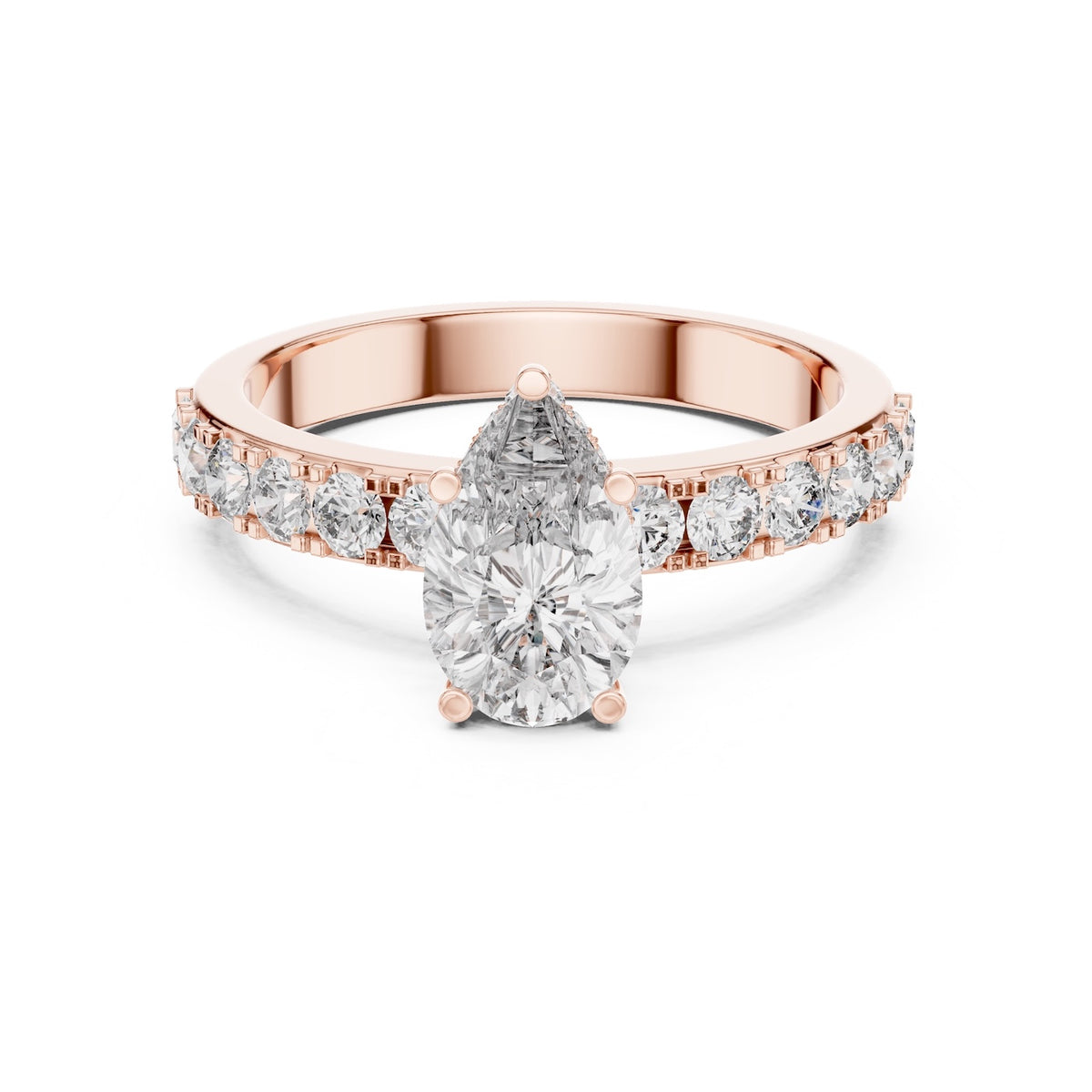 Rose-gold plated silver ring with a pear-shaped center stone on a white background 