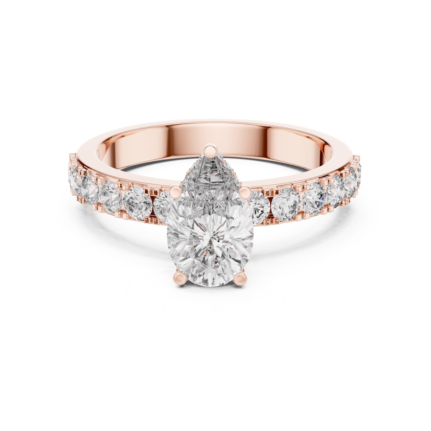 Rose-gold plated silver ring with a pear-shaped center stone on a white background 