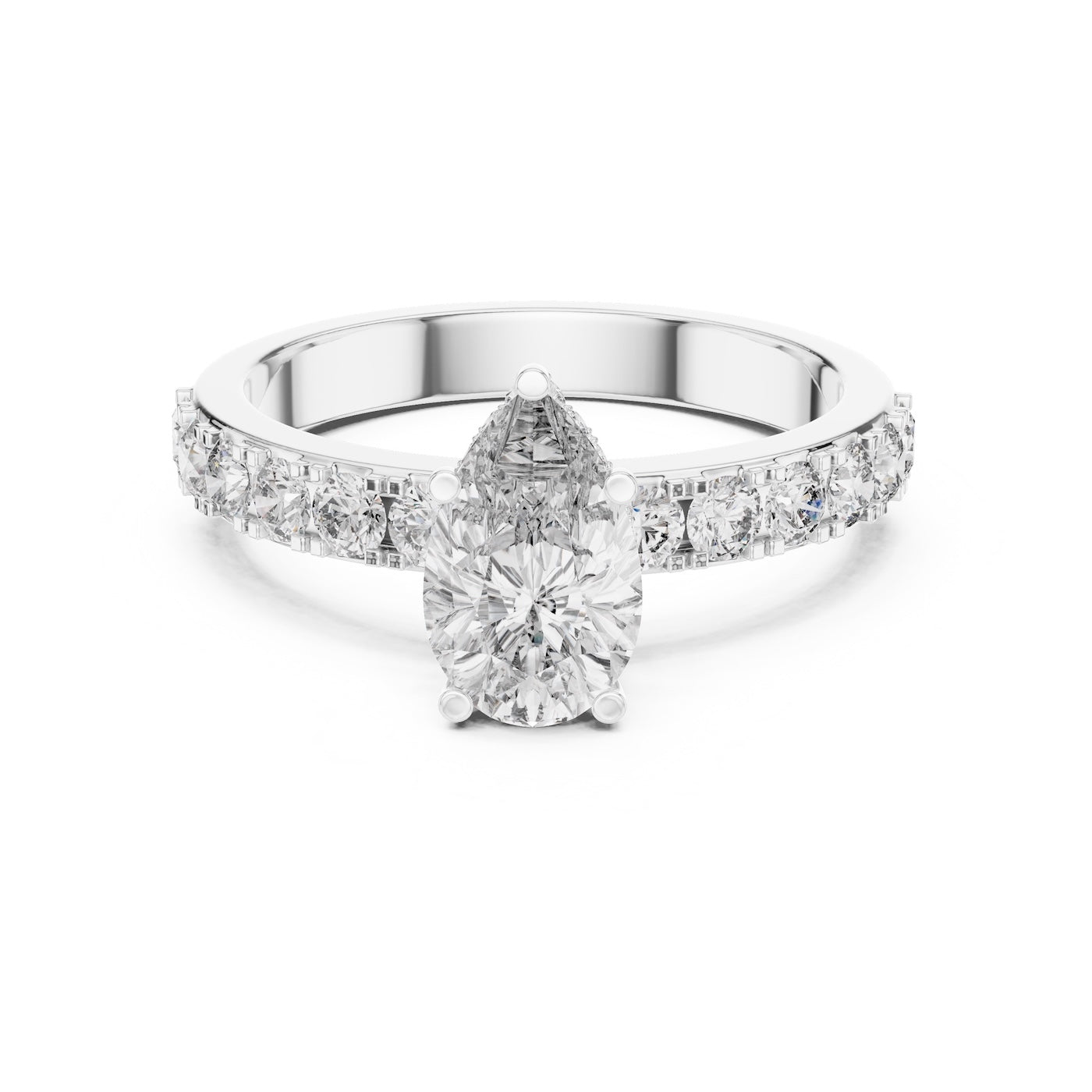 Silver ring with a pear-shaped center stone on a white background 