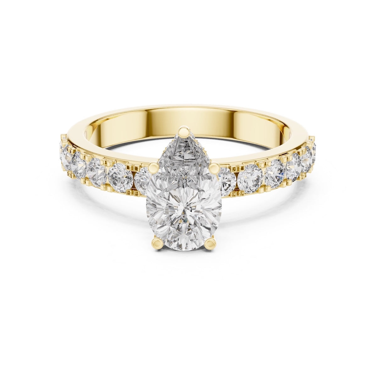 gold plated silver ring with a pear-shaped center stone on a white background 