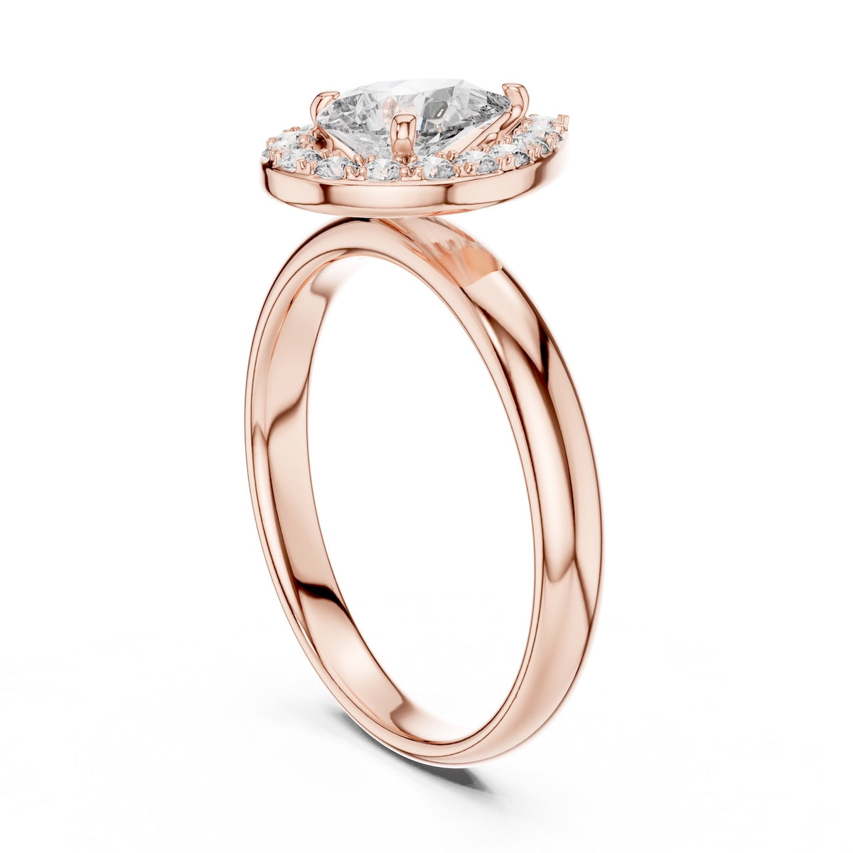 Rose-gold plated silver ring with pear-shaped center stone on a white background 