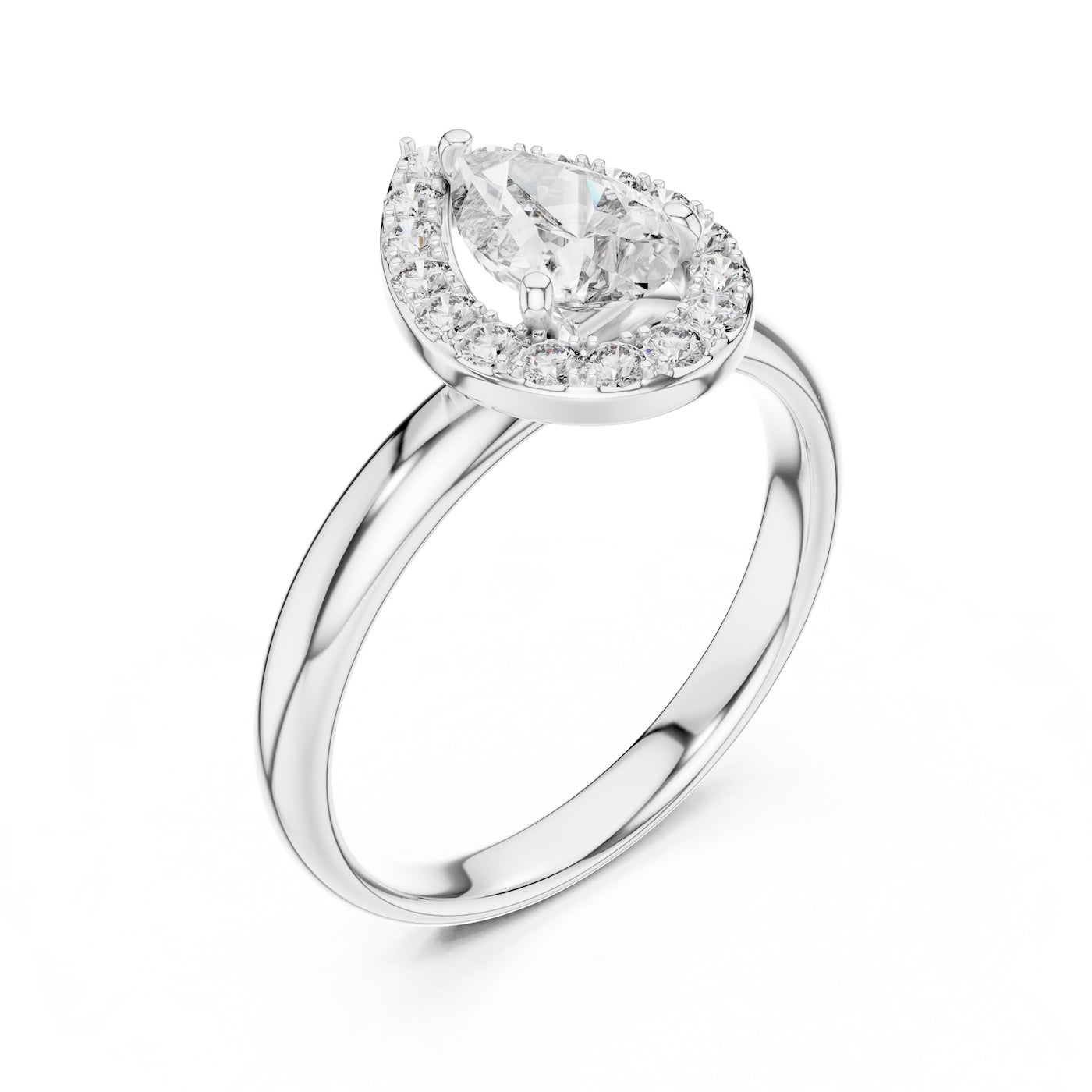 Silver ring with pear-shaped center stone on a white background 