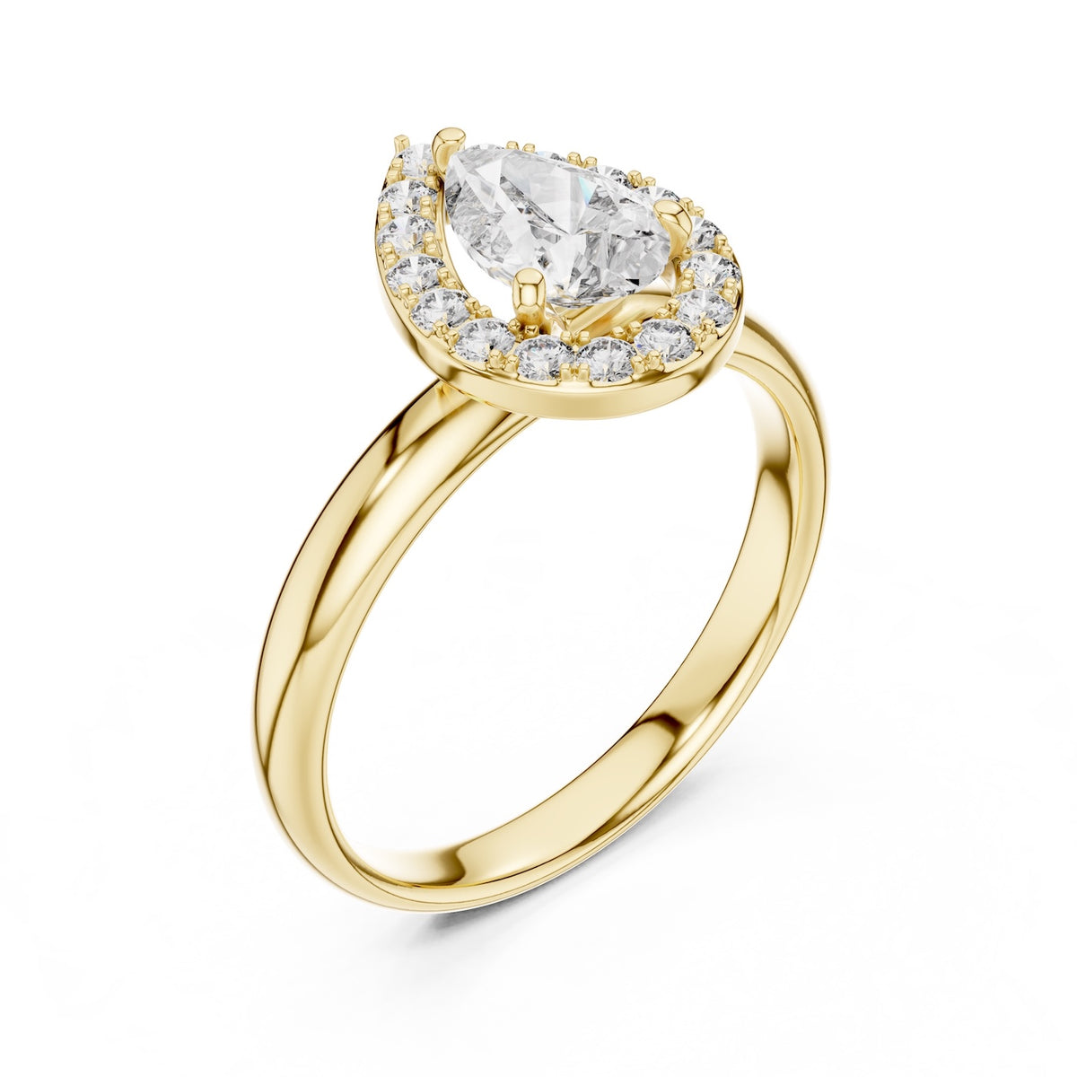 Gold-plated silver ring with pear-shaped center stone on a white background 