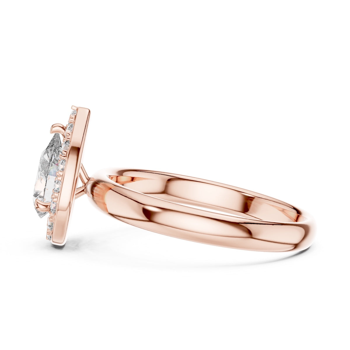 Rose-gold plated silver ring with pear-shaped center stone on a white background 