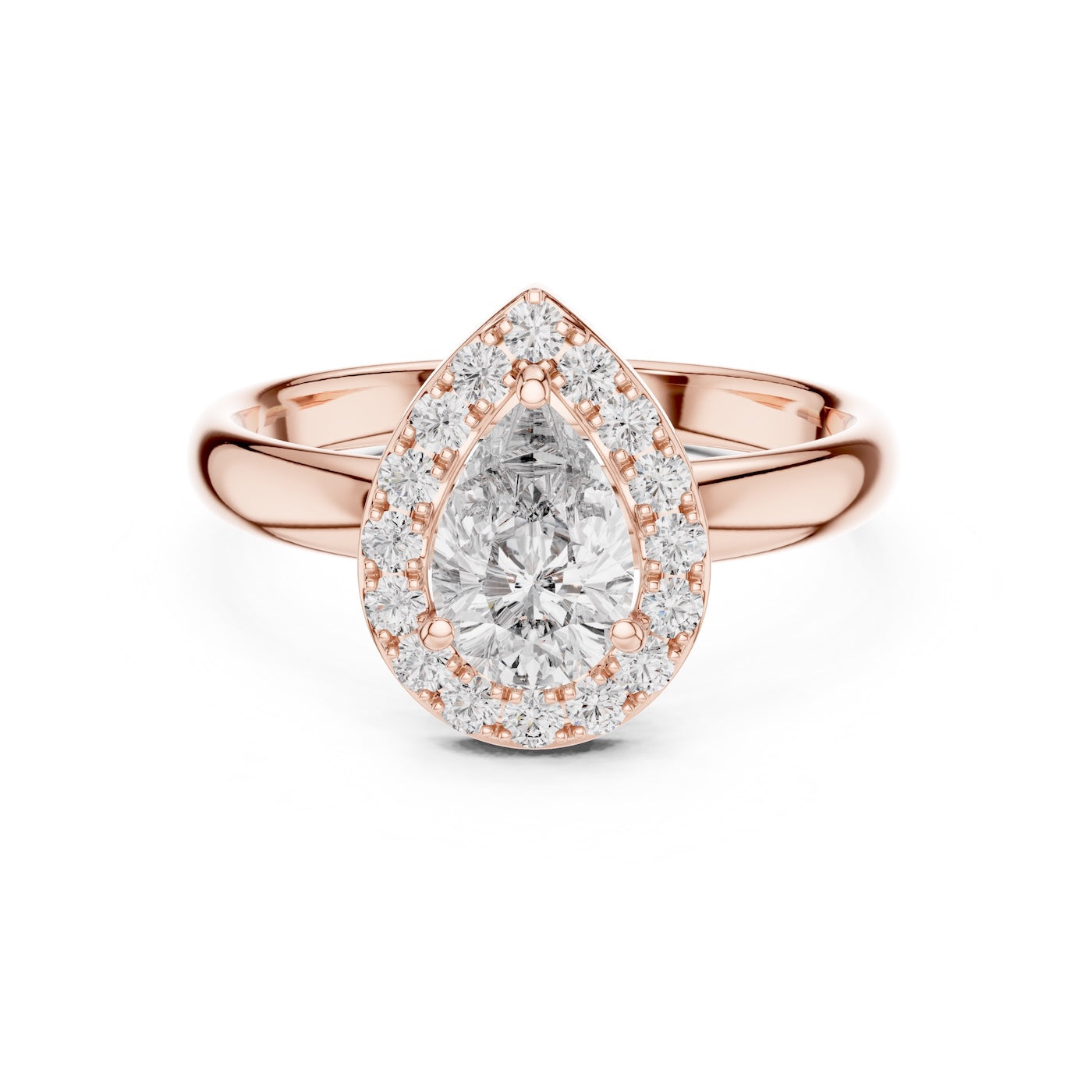 Rose-gold plated silver ring with pear-shaped center stone on a white background 