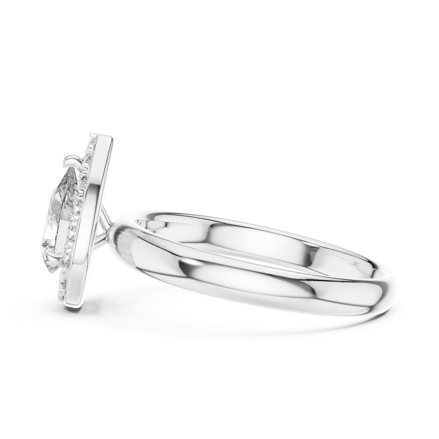 Silver ring with pear-shaped center stone on a white background 
