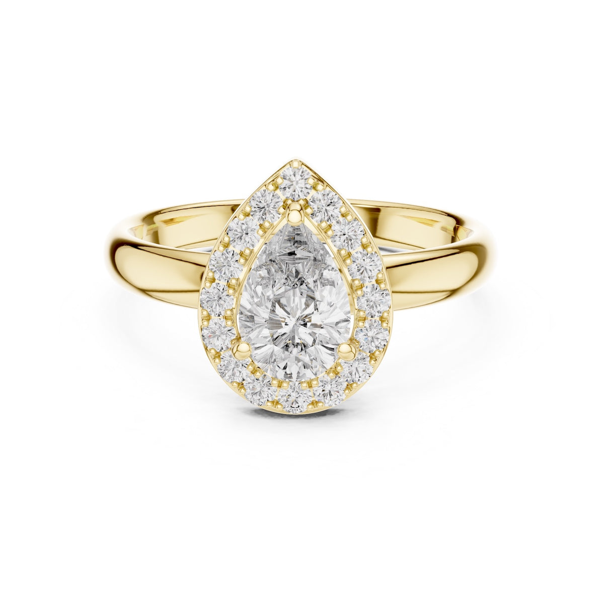 Gold-plated silver ring with pear-shaped center stone on a white background 