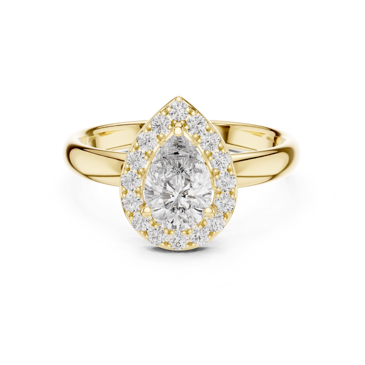 Gold-plated silver ring with pear-shaped center stone on a white background 