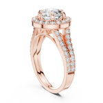 Rose-gold plated silver ring with a round white zirconia and zircon-studded band on a white background 