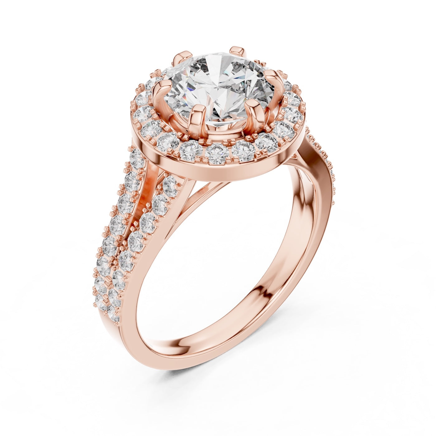 Rose-gold plated silver ring with a round white zirconia and zircon-studded band on a white background 