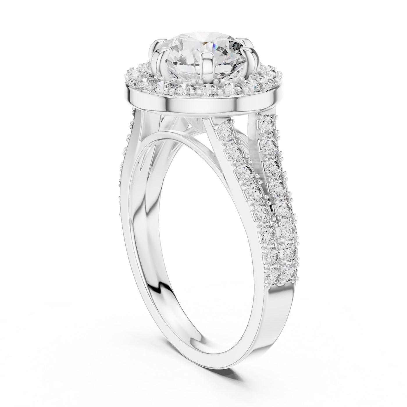 Silver ring with a round white zirconia and zircon-studded band on a white background 