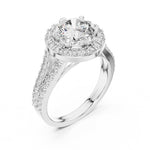 Silver ring with a round white zirconia and zircon-studded band on a white background 