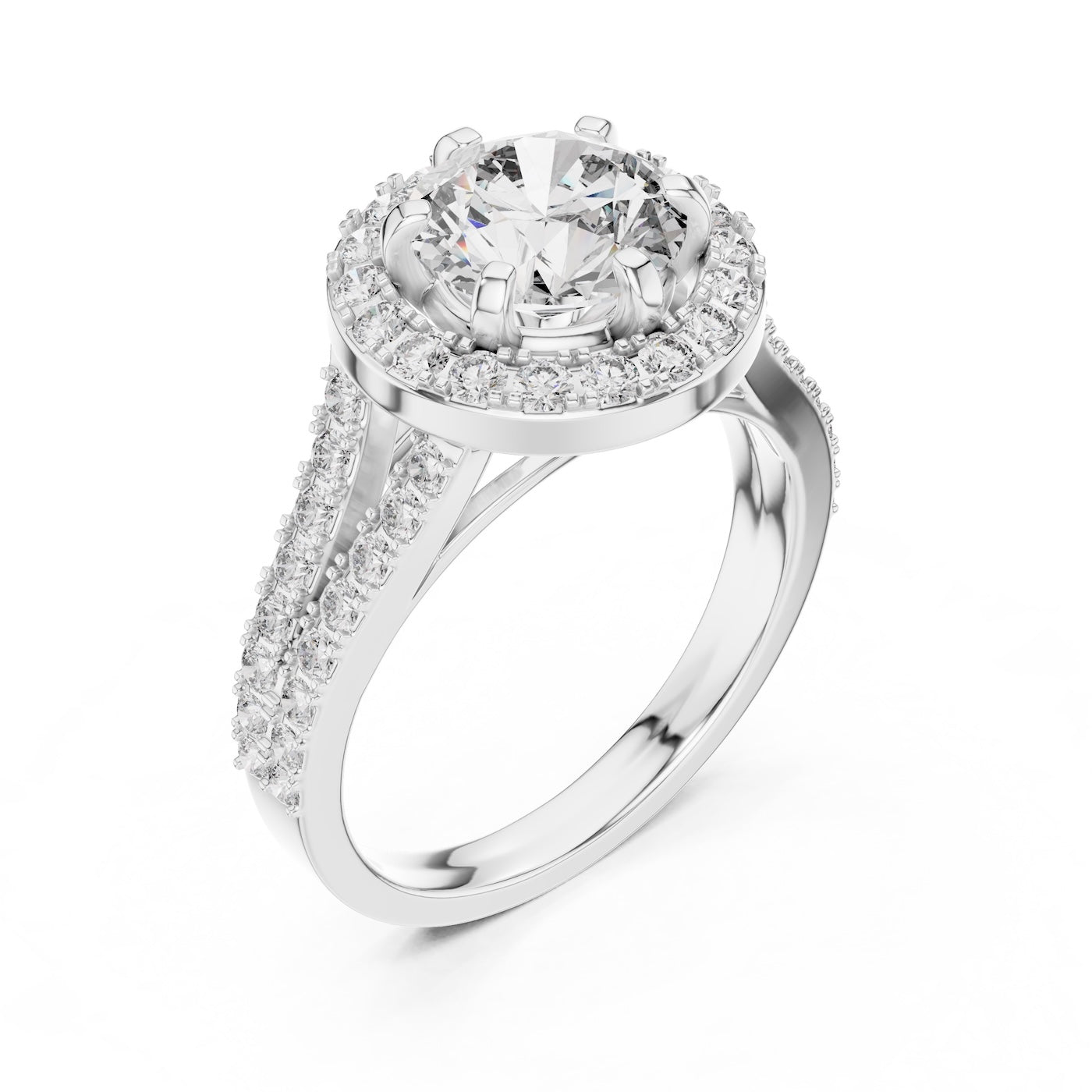 Silver ring with a round white zirconia and zircon-studded band on a white background 