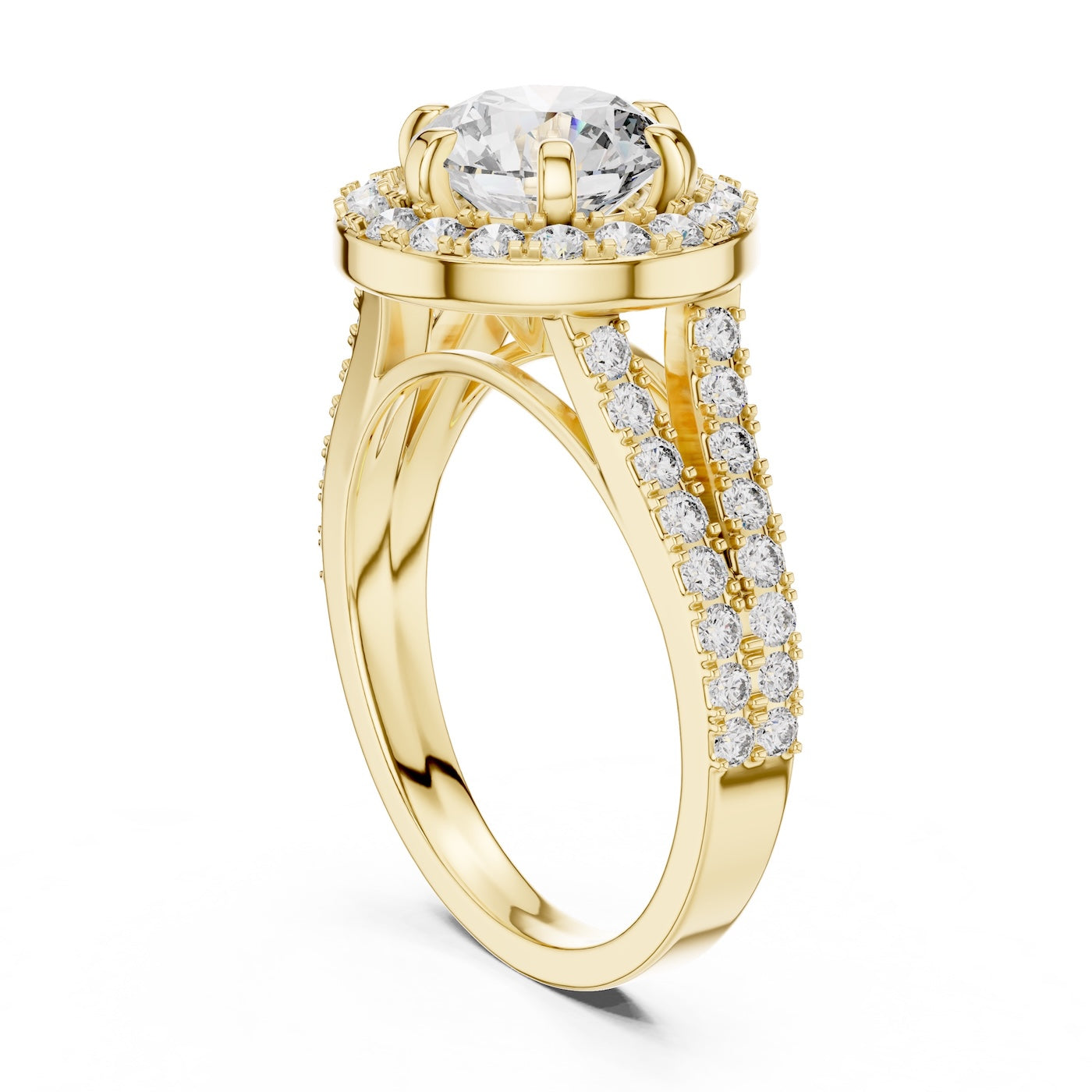 gold plated silver ring with a round white zirconia and zircon-studded band on a white background 