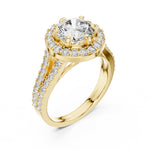 gold plated silver ring with a round white zirconia and zircon-studded band on a white background 