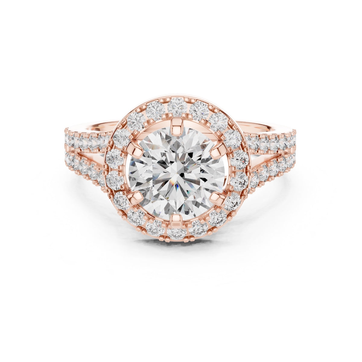 Rose-gold plated silver ring with a round white zirconia and zircon-studded band on a white background 