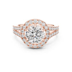 Rose-gold plated silver ring with a round white zirconia and zircon-studded band on a white background 