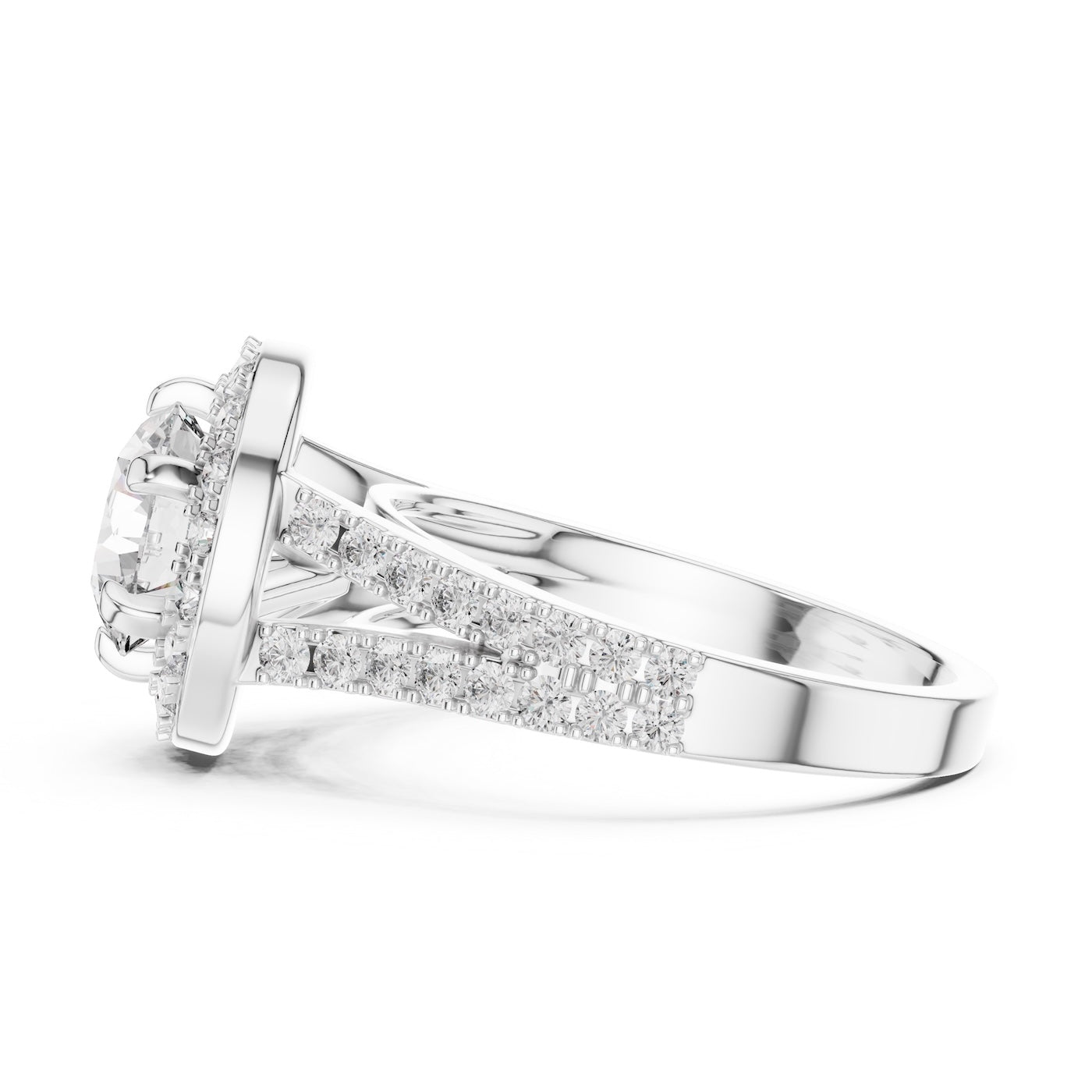 Silver ring with a round white zirconia and zircon-studded band on a white background 