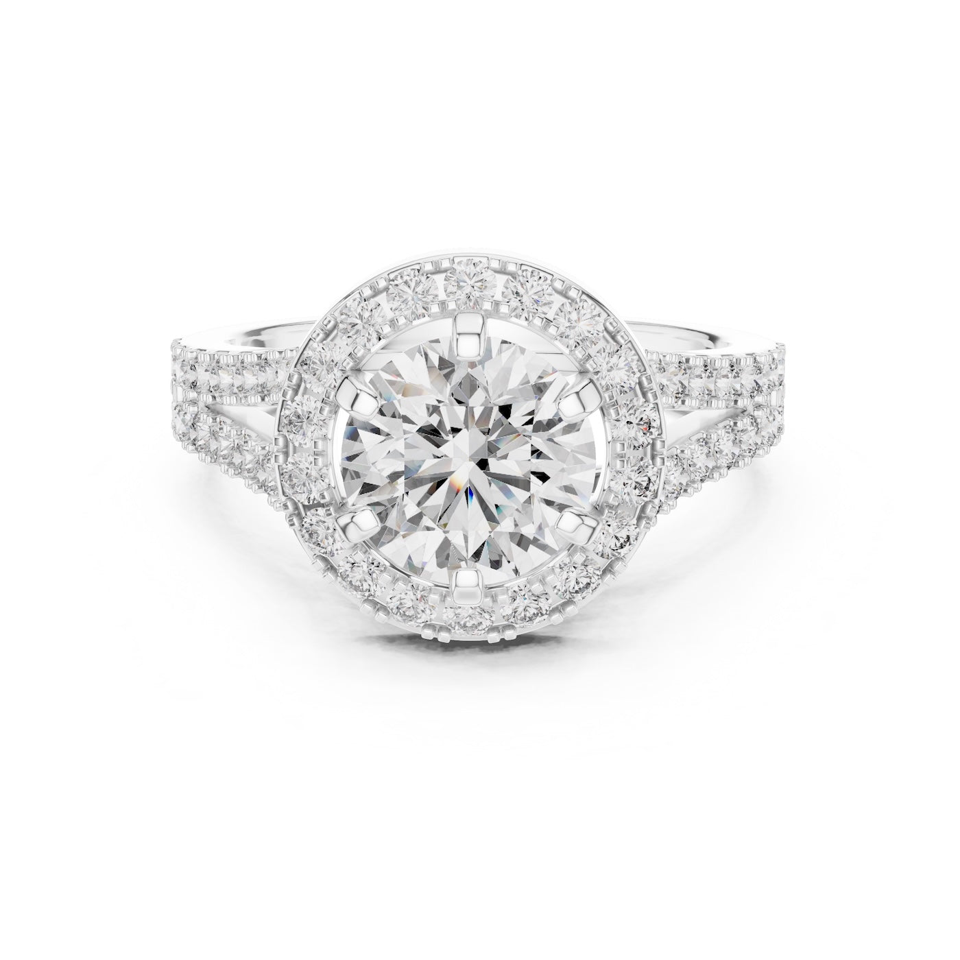 gold ring with a round diamond and studded band on a white background 