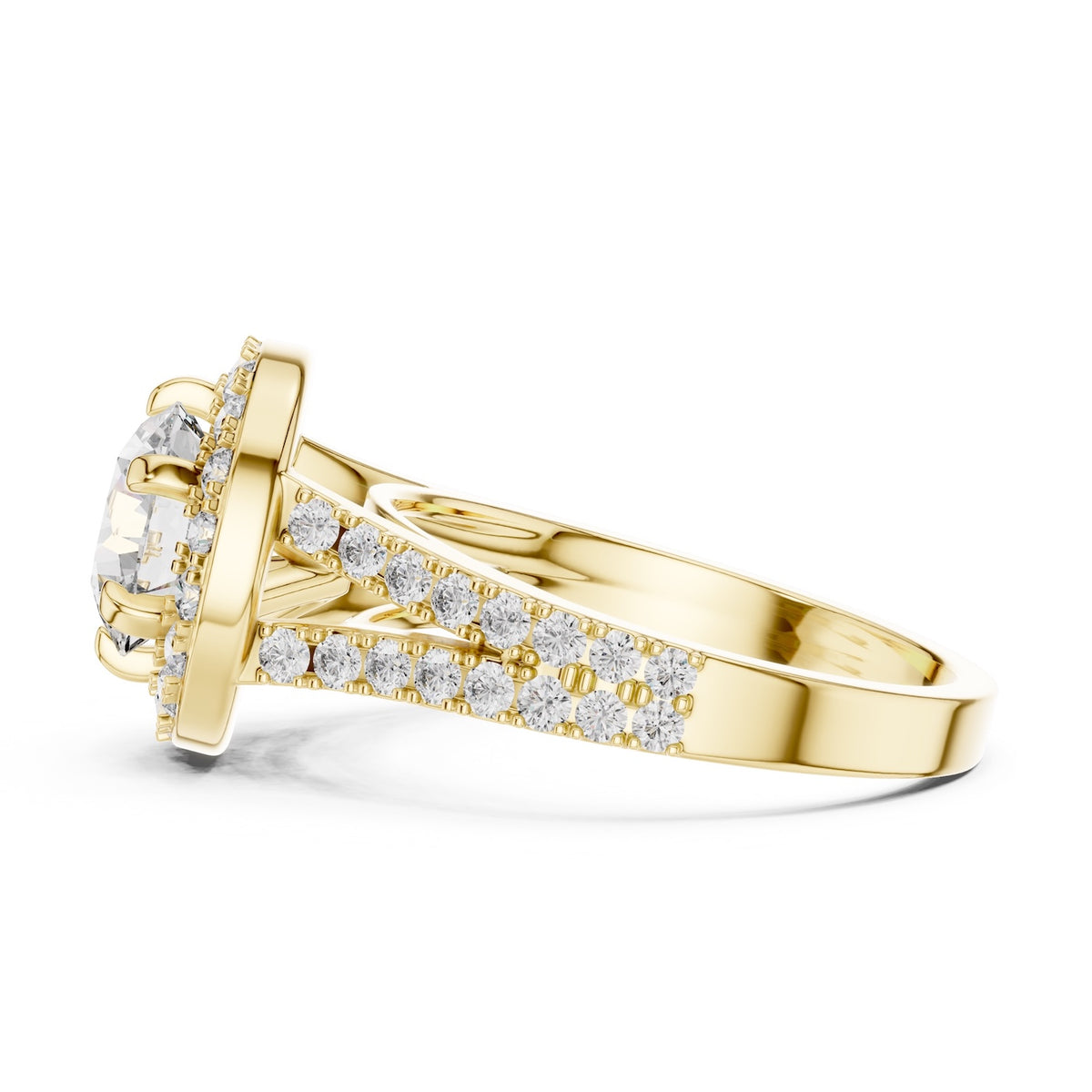 gold plated silver ring with a round white zirconia and zircon-studded band on a white background 