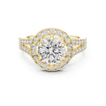 gold plated silver ring with a round white zirconia and zircon-studded band on a white background 