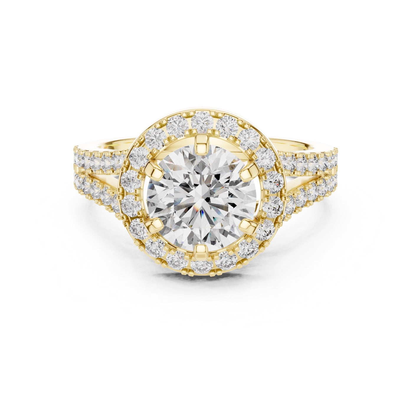 gold plated silver ring with a round white zirconia and zircon-studded band on a white background #yellow-gold