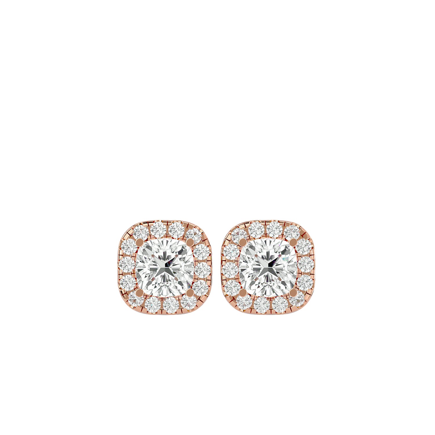 Pair of diamond earrings with rose gold accents on a white background 