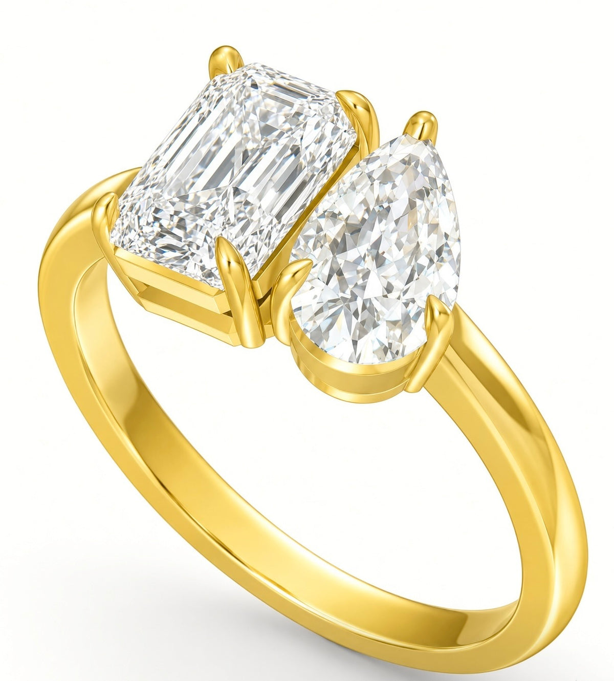 Toi et moi ring with radiant and pear lab grown diamonds in yellow gold, 2.65 carat total weight